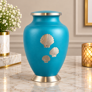 Urne commémorative Coastal Tribute, design coquillage bleu aqua avec bordure argentée, couvercle décoratif, récipient pour cendres funéraires - Product Image 1