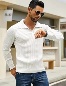 Pull en tricot côtelé blanc pour homme, manches longues, couleur unie, vêtement d'automne, fermeture à un bouton - Product Image 6
