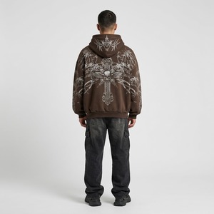 Sweat-shirt à capuche surdimensionné marron pour homme, imprimé gothique avec motif de croix et de crâne, pull épais, streetwear - Product Image 4