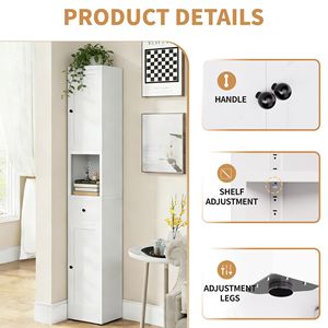 Mobiletto da Bagno Alto 71 Pollici in Metallo Bianco, 5 Ripiani, Stretto, con 2 Ante e Ripiani Regolabili, Autoportante - Product Image 4