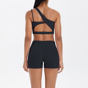 Seamless black yoga set Crisscross straps high waist shorts Breathable activewear women Scoop neck yoga outfit - Product Image 3