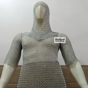 Haut en maille d'aluminium fait main avec capuche, demi-manches, anneaux de 10 mm, armure de chevalier médiéval, costume de foire Renaissance - Product Image 2