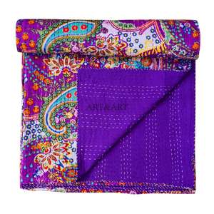 Couvre-lit Kantha indien fait main, 100% coton, imprimé à la main, motif floral, poids du tissu 220g, origine Rajasthan - Product Image 6