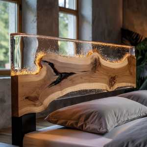 Cabecero de Cama de Madera con Resina Epoxi y Borde Natural con Incrustaciones Doradas Brillantes - Product Image 5