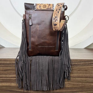 Sacs à bandoulière en cuir occidental de qualité supérieure pour femmes cartable à bandoulière outillé à la main sac de sculpture florale sac à main à franges dissimuler transporter marron - Product Image 5