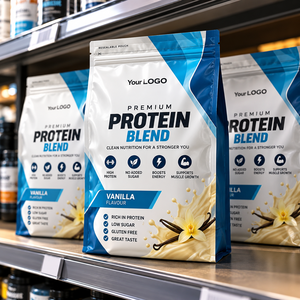 Sac de nutrition sportive personnalisé EcoRev, résistant à l'humidité, avec bec verseur, fermeture éclair, finition mate, sérigraphié, pour protéines de lactosérum - Product Image 1