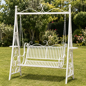 White Wrought Iron Garden Swing Bench With Chains Ornate Outdoor Patio Jhula With Side <b>Shelves</b> For Lawn Porch Furniture - Product Image 1