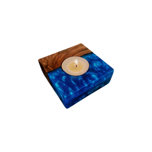 Handmade Epoxy Resin <b>Candle</b> Holder With Wood Inlay Blue Marbled Design Home Decoration Craft - Product Image 2