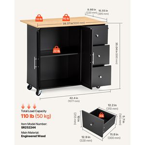 Carrello da Cucina con Isola e Spazio di Archiviazione, Larghezza 42,4 Pollici, Carrello Mobile con 3 Cassetti, Ruote Girevoli, in Metallo e Legno - Product Image 3