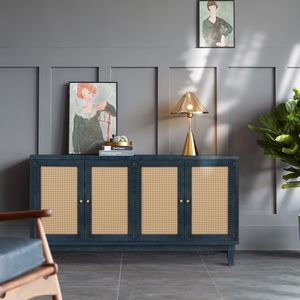 Premium Handcrafted Grain Panel Accent <b>Storage</b> Cabinet with 4 Rattan Doors Modern Living Room <b>Sideboard</b> Buffer Cabinet - Product Image 1