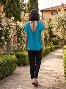 Blusa de Mujer con Cuello en V y Manga Corta, Color Verde Azulado, Corte Holgado, Color Sólido, Informal, Ecológica, Tejida, para Primavera y Verano - Product Image 5