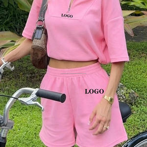 OEM/ODM ผู้ผลิตเสื้อผ้าผู้หญิง Biker สุภาพสตรีสั้น 2 ชิ้นชุดชุดซิปวาฟเฟิลเสื้อยืดและกางเกงขาสั้นชุด - Product Image 1