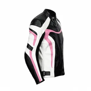 Nueva Chaqueta de Cuero para Motociclista, Estilo Racing, para Hombre, en Negro, Blanco y Rosa, con Cierre de Cremallera y Hebilla, Estilo Vintage - Product Image 4
