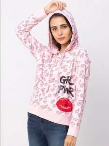 Sudadera con Capucha para Mujer, Estampado de Corazones Rosados, Corte Regular, Tejido de Algodón, Estilo Casual Otoñal - Product Image 3