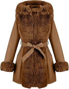 Women's Thick Faux <b>Fur</b> Trim <b>Hooded</b> Coat with Belt Zipper Closure Synthetic Leather Shell 100% Polyester Elegant Winter Outerwear - Product Image 1
