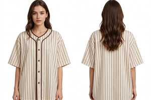 Camiseta de béisbol a rayas de talla grande para mujer, manga corta, con botones, sin cuello - Product Image 2