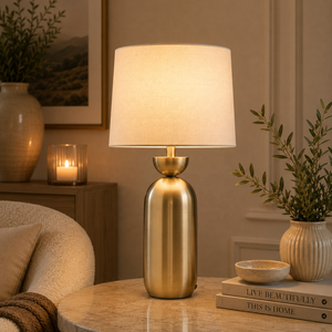 Lampe de table en métal Auric Capsule avec abat-jour en lin naturel, finition laiton brossé, lumière ambiante douce pour les espaces élégants - Product Image 1