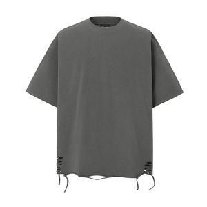 T-shirt col rond OEM en gros, streetwear, effet vieilli, logo personnalisé, coupe ample, grande taille pour homme, tissu épais - Product Image 6