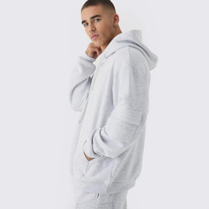 Conjunto de Sudadera con Capucha Gris para Hombre, Estilo Casual, Oversize, Pantalones Cargo de Felpa, Estilo Otoñal, Color Sólido, Prenda Exterior de Algodón Tejido - Product Image 3