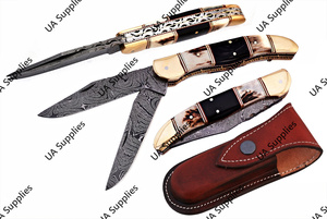 Couteau de poche pliant à double lame en acier Damas de haute qualité, manche en corne de taureau et de cerf, avec étui en cuir – Un incontournable pour votre sac à main - Product Image 6