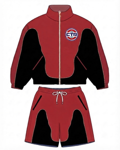 Conjunto Deportivo Unisex Rojo y Negro, Chaqueta con Cremallera Frontal y Logotipo, Pantalones Cortos Deportivos, Transpirable, de Poliéster, para Otoño - Product Image 1