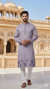 Ensemble Kurta Pyjama en Soie Pure pour Homme, Broderie Multicolore de Fils et Paillettes, Tenue Traditionnelle Ethnique pour Mariage et Fêtes - Product Image 2