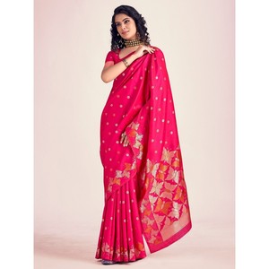 ATTRACTIVE BANARASI SOIE AVEC SAREE DE TRAVAIL DE TÊTE ZARI AVEC BLOUSE INCOSÉE GAJARI - Product Image 1