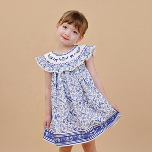 Robe de jardin mi-longue trapèze DR4521 automne ODM brodée à la main motif floral pour filles 100% coton écologique certifiée OEKO-TEX sans manches - Product Image 1