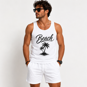 Débardeur blanc pour homme Cosh International, imprimé palmiers, en coton, décontracté, col rond, respirant, logo sur le devant - Product Image 1