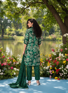 ชุดเซ็ตพิมพ์ลายดอกไม้สุดเก๋สำหรับผู้หญิง สไตล์ร่วมสมัย ลายชนเผ่า คูร์ตะทรงสูงต่ำ กางเกงขายาว ผ้าพันคอเข้าชุด เหมาะสำหรับงานปาร์ตี้ ผลิตจากโพลีเอสเตอร์ - Product Image 2