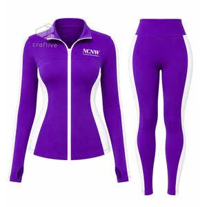 NCNW Women's Purple Workout <b>Set</b> With <b>White</b> Contrast Side Panels Stand Collar Full Zip Jacket High Waist Leggings Activewear <b>Set</b> - Product Image 1