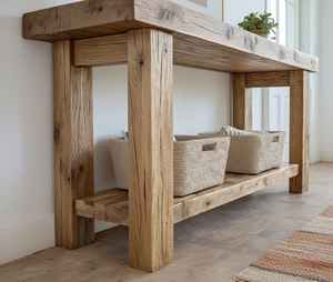 โต๊ะคอนโซลไม้เนื้อแข็งสไตล์เรียบง่ายพรีเมียมปี 2026 พร้อมท็อปไม้แผ่นหนาและชั้นวางด้านล่างกว้างขวางสำหรับตกแต่งทางเข้าห้องนั่งเล่น - Product Image 4