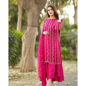Attractive Georgette Embroidery Sequence Work <b>Top</b> Palazzo with Dupatta in Pink - Product Image 1