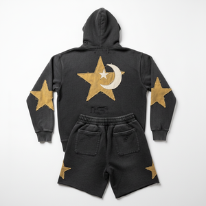 Custom Men's Red Vintage Washed Breathable Winter Patch Zip Hoodie Shorts <b>Set</b> Heavyweight Cotton Streetwear OEM Private Label - Product Image 2