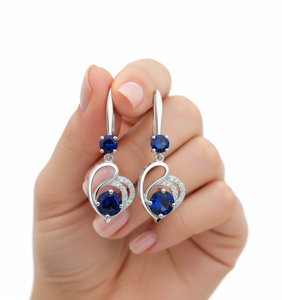 Boucles d'oreilles pendantes en argent 925 en forme de cœur avec pierres bleues et moissanite, plaquées rhodium, bijoux romantiques de mariage pour femmes - Product Image 3