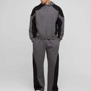 Ensemble sweat-shirt à capuche gris pour homme, style color block, vêtements décontractés d'hiver, tricoté en tissu polaire 100% coton - Product Image 1