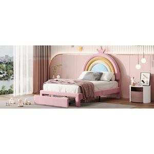 Letto a piattaforma matrimoniale in velluto arcobaleno per bambini, imbottito con cassetto contenitore, design colorato, non richiede rete a molle - Product Image 5
