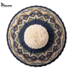 Premium Vintage Holiday Ski Beanie - <b>Navy</b>, Cream, and Mustard Multi-Color Nordic Patterned Knit Winter <b>Hat</b> with Top Pom Pom - Product Image 3