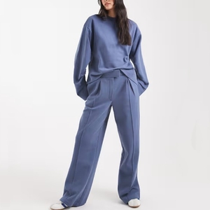 Ensemble de survêtement minimaliste bleu pour femme, manches longues, col rond, coupe ample, couleur unie, pantalon en coton respirant avec poches latérales, automne - Product Image 6