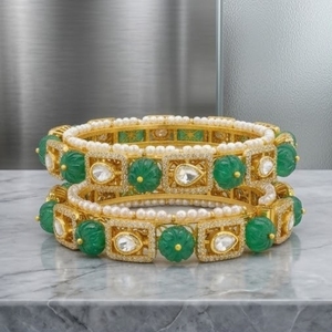925 Silver Emerald Green Monzo Bangles Designer Pearl <b>Kada</b> Set for Women Antique Bridal Jewelry - Product Image 1