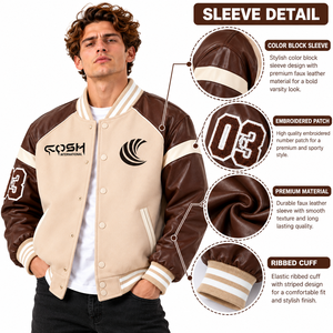 Chaqueta Varsity para hombre en beige y marrón con bloques de color, mangas de cuero PU, botones a presión y mangas en contraste. - Product Image 4