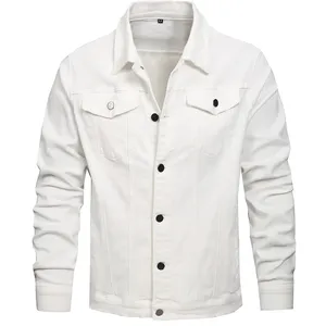 Men's <b>White</b> Denim Jacket Slim Fit Button Front Casual Spring Wear 100% Cotton Solid Color Workwear <b>Coat</b> - Product Image 1