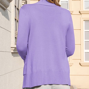เสื้อคาร์ดิแกนถักคอวีสีม่วง แขนยาว มีกระเป๋า สไตล์ลำลอง สีพื้น เปิดด้านหน้า ทรงยาวเต็มตัว แบบถักลายริบ - Product Image 2