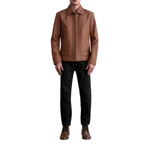 Custom Men's Brown <b>Leather</b> Jacket Classic Collar Premium Zip Up <b>Coats</b> OEM Private Label Apparel Manufacturer Wholesale Suppliers - Product Image 6