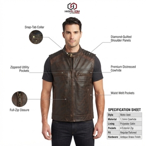 Gilet sans manches pour homme en cuir véritable avec poche zippée - Product Image 5