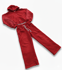 ชุดวอร์มคุณภาพสูงแบบกำหนดเองจากผู้ผลิต กางเกงวอร์มและเสื้อฮู้ดประดับเพชร ชุดวอร์มผ้าฟลีซซิปแบบวินเทจล้างสีสไตล์แอซิดวอช - Product Image 6