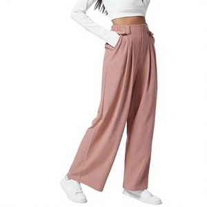 Pantalones de Pierna Ancha de Cintura Alta para Mujer, Color Sólido, Plisados, Corte Holgado, Largos, Casuales, de Crepé Antiarrugas para Otoño - Product Image 1