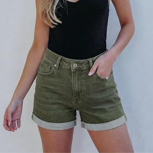 Shorts de mezclilla asimétricos personalizados para mujer con cintura cruzada, dobladillo con vuelta, color verde oliva, de cintura alta, de algodón, para verano, ¡Oferta caliente! - Product Image 2