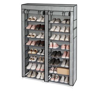 Scarpiera a 10 livelli in tessuto non tessuto con tubi in ferro e componenti in plastica, doppia fila, grigia - Product Image 4
