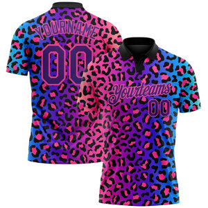 Polo de Golf Personalizado con Diseño de Patrón 3D en Rosa, Morado y Negro, con Estampado de Leopardo, de Alto Rendimiento, que Absorbe la Humedad, para Golf - Product Image 1